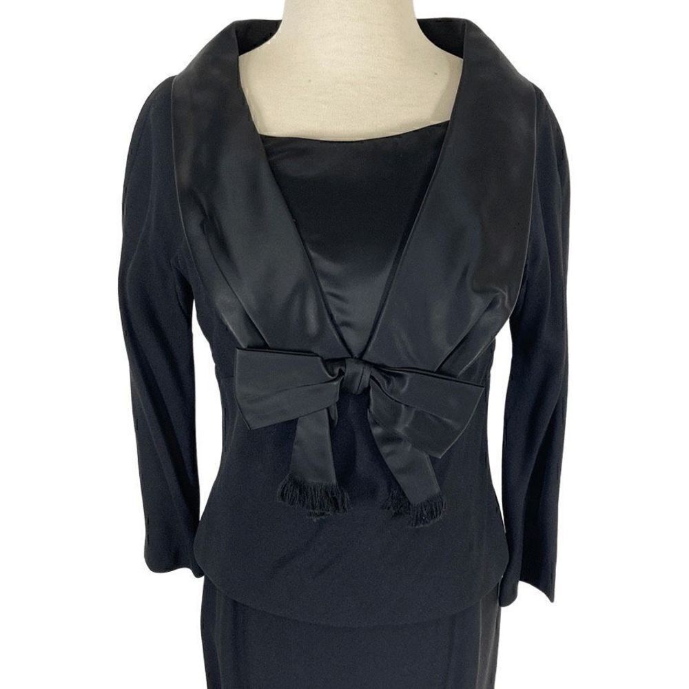 Jeunesse NY S VTG 10 Black Dress Set 1950s Day Suit Bow Volup Satin Shawl Collar - Picture 3 of 13